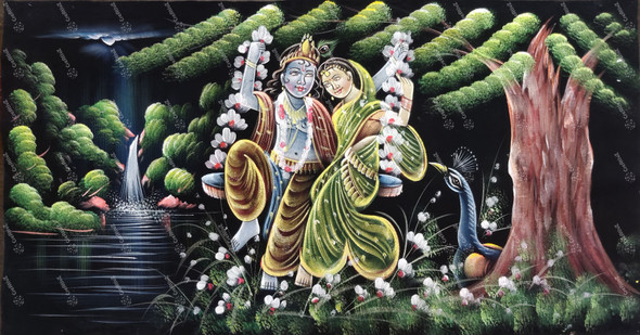 Radha Krishna Near Waterfall Painting (ART_8770_70747) - Handpainted Art Painting - 48in X 26in