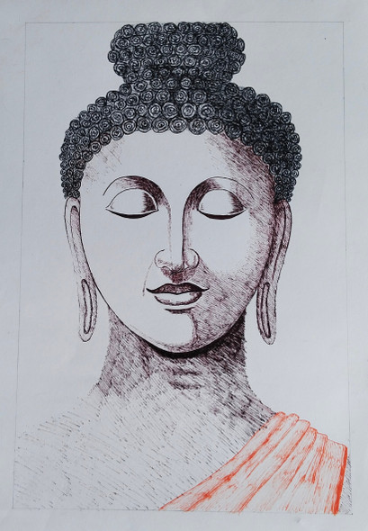 Buddha meditating- shading with pen (ART_3306_71033) - Handpainted Art Painting - 11in X 15in
