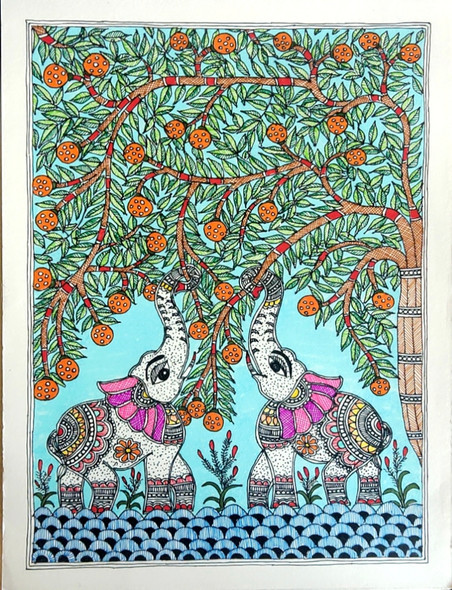 ELEPHANTS AND FRUITS (ART_8856_71016) - Handpainted Art Painting - 8in X 11in