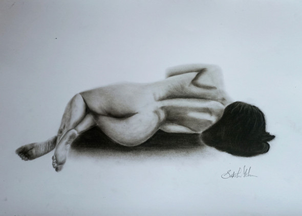 Lying -Nude charcoal study  (ART_6071_70941) - Handpainted Art Painting - 16in X 12in