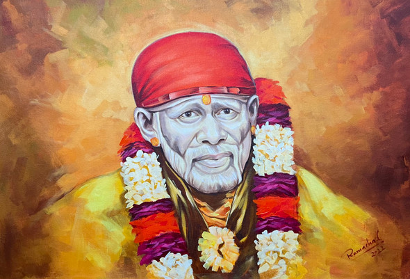 Lord Of Sai Baba 02 (ART_1522_70927) - Handpainted Art Painting - 36 in X 24in