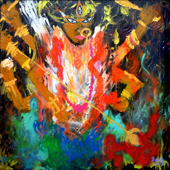 Durga (ART_8858_71117) - Handpainted Art Painting - 38in X 38in