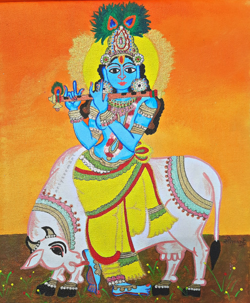 Krishna of Gokul Painting The Indian god of love (ART_8835_71252) - Handpainted Art Painting - 10in X 12in