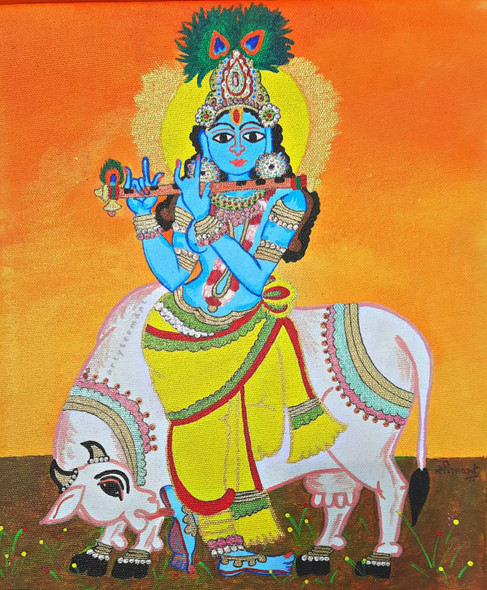 Krishna Of Gokul Painting The Indian God Of Love (ART_8835_71252) - Handpainted Art Painting - 10in X 12in