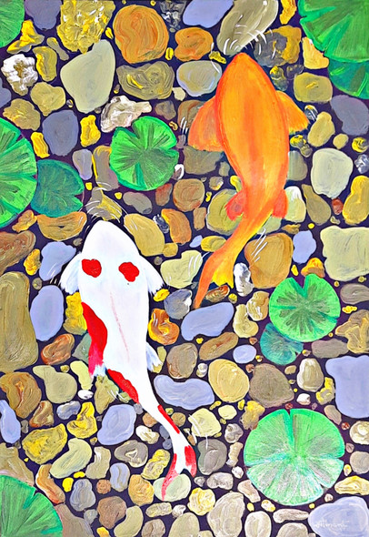 Koi Pond (ART_8835_71249) - Handpainted Art Painting - 8in X 12in