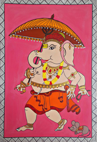 Ganesha With Mushak (ART_8835_71247) - Handpainted Art Painting - 8in X 12in