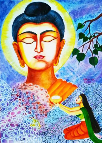 Budhha (ART_8875_71391) - Handpainted Art Painting - 11in X 14in