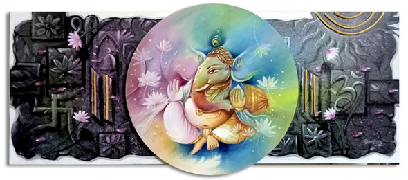 Multipiecs Ganesh 2 (ART_1038_71461) - Handpainted Art Painting - 37in X 16in