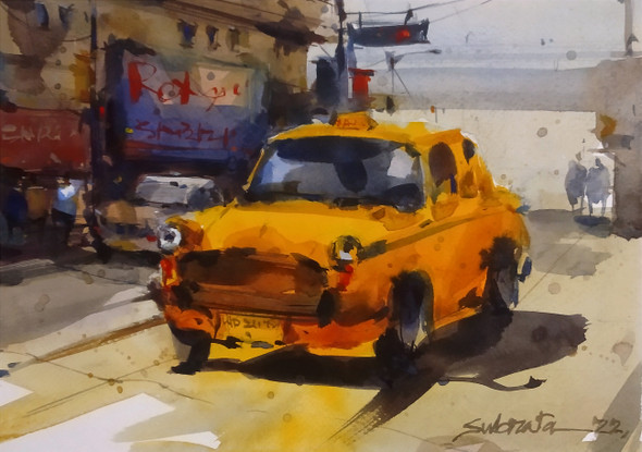 Kolkata Taxi (ART_8170_71453) - Handpainted Art Painting - 11in X 8in