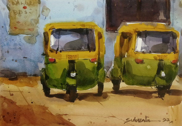 Kolkata Auto (ART_8170_71444) - Handpainted Art Painting - 11in X 8in