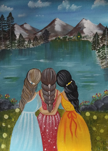 Three Girl Painting (ART_8876_71416) - Handpainted Art Painting - 24in X 24in