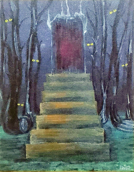 A Crooked Forest with a Mysterious Door  (ART_8860_71408) - Handpainted Art Painting - 8in X 10in