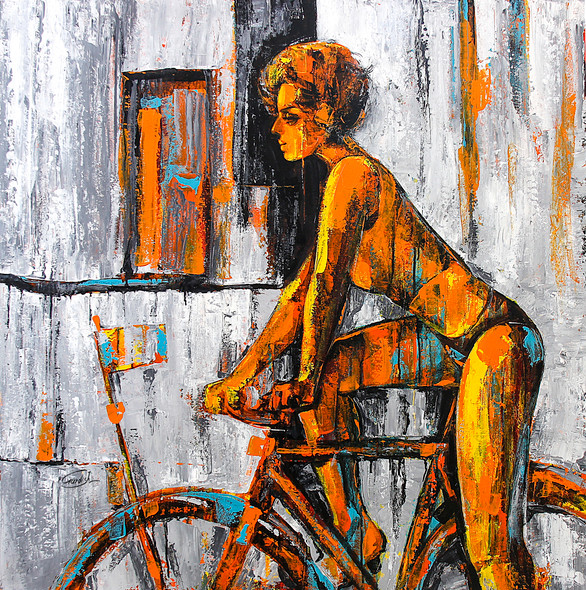 Cyclist (painting)- The morning wind   (ART_2571_38241) - Handpainted Art Painting - 32in X 32in