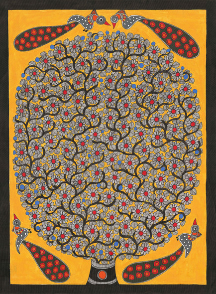 Madhubani Painting-Peacocks And Tree (ART_8883_71635) - Handpainted Art Painting - 22in X 30in