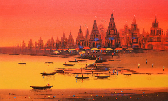 Banaras Ghat (ART_7775_71702) - Handpainted Art Painting - 60in X 36in