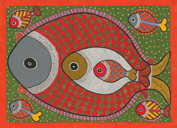 Madhubani Painting-Fish (ART_8883_71665) - Handpainted Art Painting - 30in X 22in