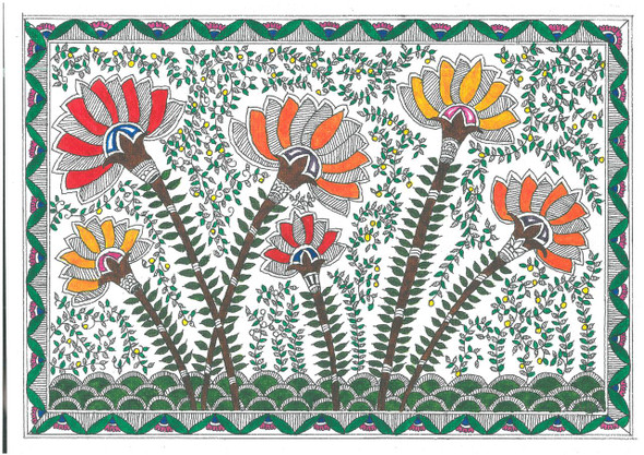 Traditional Indian Madhubani Valley of Flowers (ART_8881_71786) - Handpainted Art Painting - 11in X 8in