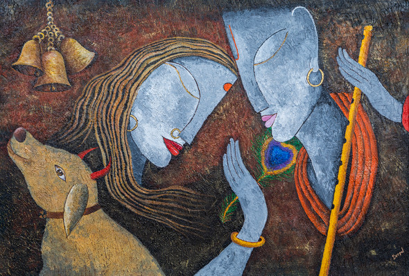 Abstract Radha Krishna (ART_7010_71844) - Handpainted Art Painting - 36in X 24in