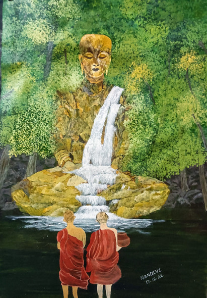 Lord Buddha and the waterfall  (ART_8657_71818) - Handpainted Art Painting - 24in X 36in