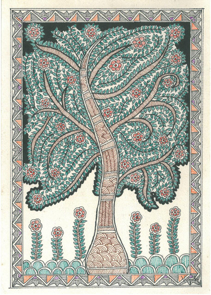 Traditional Indian Madhubani Life Tree in Kachni Style (ART_8881_71932) - Handpainted Art Painting - 8in X 11in