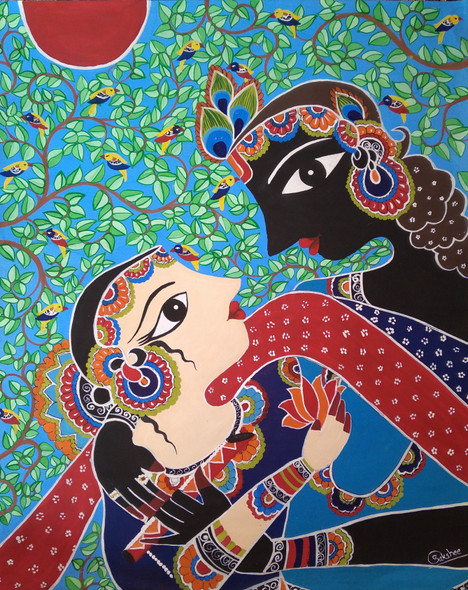 Radha Krishnan madhubani painting  (ART_8826_70596) - Handpainted Art Painting - 11in X 14in