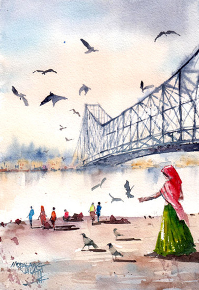 India through my brush : Howrah Bridge (ART_3485_72406) - Handpainted Art Painting - 8in X 11in