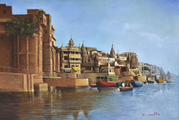 Banaras Ghat (ART_640_72421) - Handpainted Art Painting - 48in X 32in