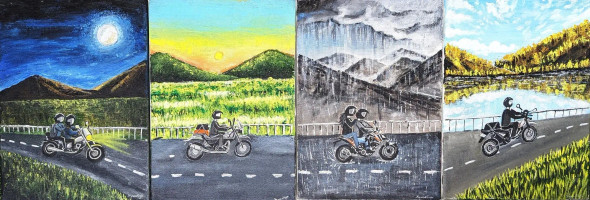 A Day In The Life Of A Motorcyclist (ART_5261_72531) - Handpainted Art Painting - 56in X 10in