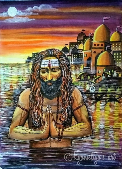 The Naga Sadhu (Varanasi) (ART_5261_72501) - Handpainted Art Painting - 18in X 24in
