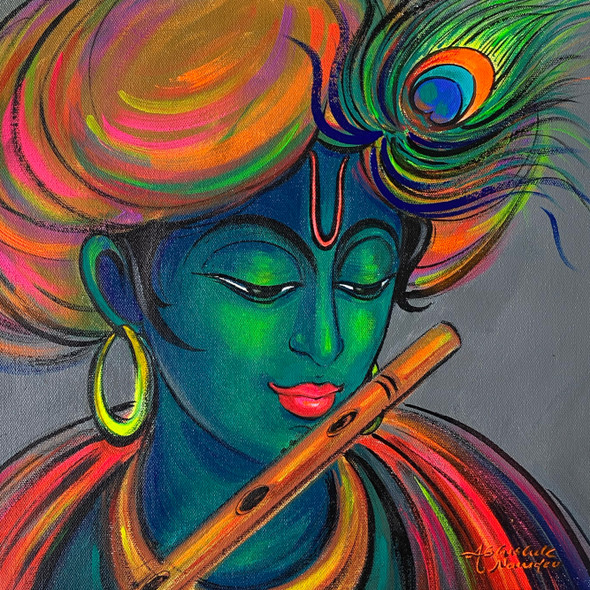 Krishna (ART_3512_72500) - Handpainted Art Painting - 14in X 14in