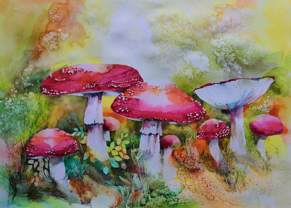 Mushroom/ Frog Umbrella (ART_8538_72740) - Handpainted Art Painting - 30in X 22in