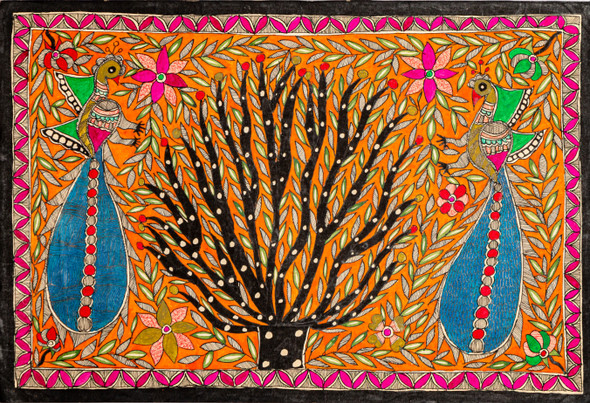 Madhubani Peacock And Tree (FR_1523_72712) - Handpainted Art Painting - 22in X 15in