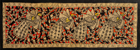 Madhubani Peacock 004 (FR_1523_72694) - Handpainted Art Painting - 30in X 11in