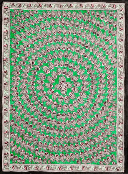 Madhubani Fishes Green (FR_1523_72678) - Handpainted Art Painting - 22in X 30in