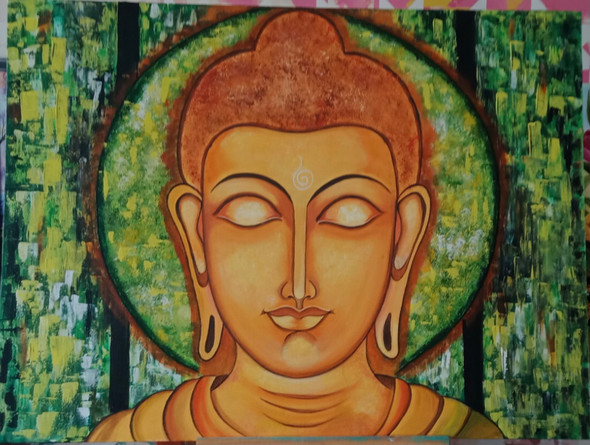 Buddha-the path to happiness  (ART_8912_72655) - Handpainted Art Painting - 30in X 40in