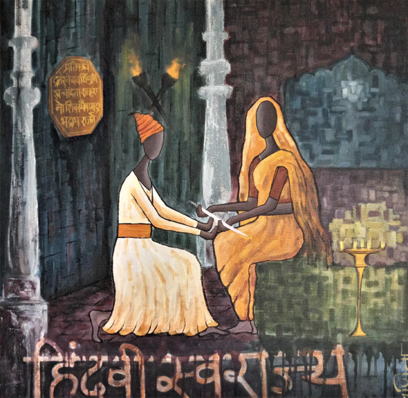 Shivaji Raje With Rajmata Jijau (ART_2183_72890) - Handpainted Art Painting - 24in X 24in