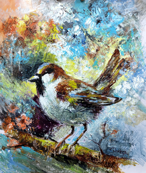 Sparrow (ART_1038_72895) - Handpainted Art Painting - 15in X 18in