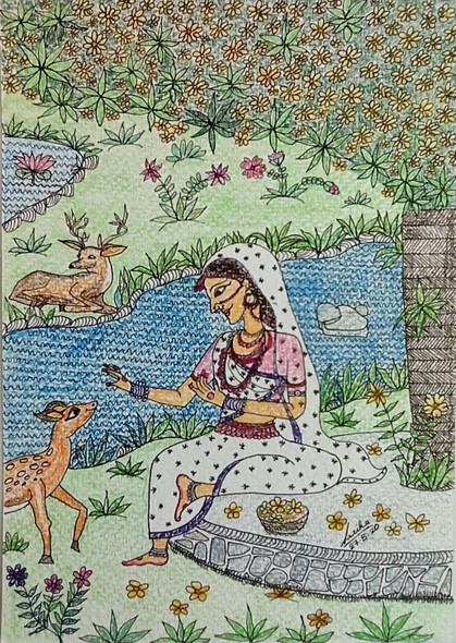 Madhubani Art- An evening by riverside (PRT_7696_51107) - Canvas Art Print - 6in X 8in