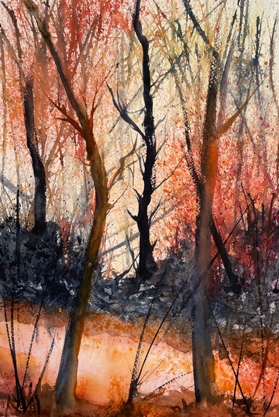 Red Colour And Trees (ART_8841_72913) - Handpainted Art Painting - 12 in X 18in