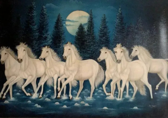 “Seven White Horses Under Moonlight” (ART_8067_73078) - Handpainted Art Painting - 52in X 36in
