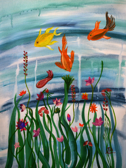 Inside Aquarium (ART_8580_73139) - Handpainted Art Painting - 14in X 20in