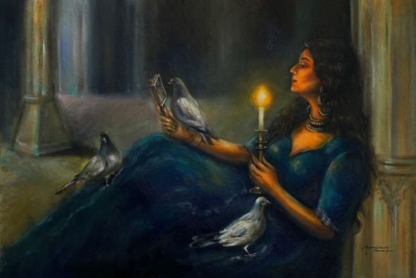 Lady With Candle (ART_3512_73223) - Handpainted Art Painting - 25in X 16in