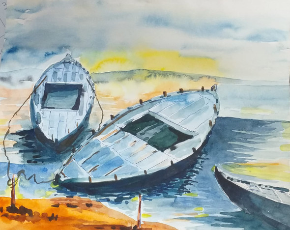 Kashi boat (ART_8950_73216) - Handpainted Art Painting - 12in X 10in