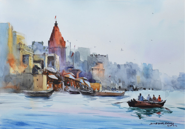 The sacred ghats of Varanasi (ART_8949_73201) - Handpainted Art Painting - 20in X 14in