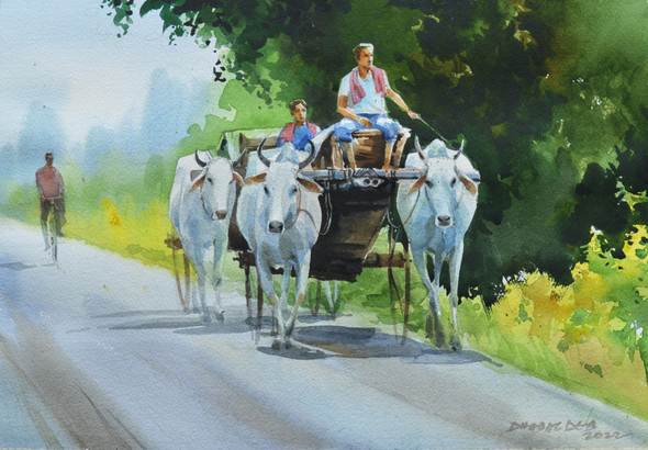 The village chariot (ART_8949_73200) - Handpainted Art Painting - 16in X 11in