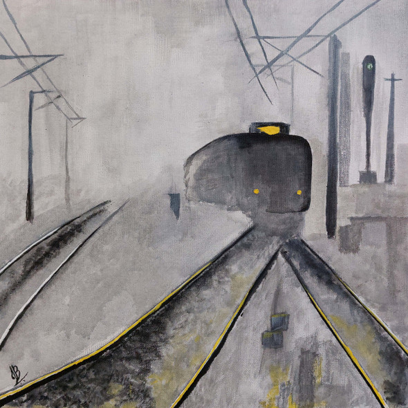 Train In The Fog (ART_5839_73262) - Handpainted Art Painting - 16in X 16in