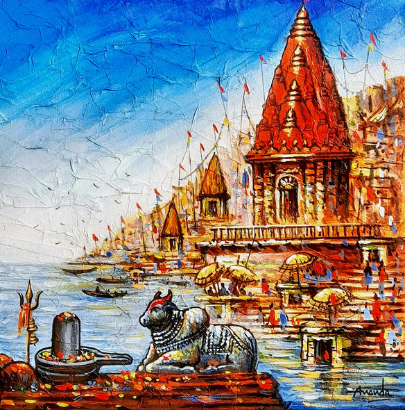 Flamboyant Ghats Of Banaras (ART_7456_73356) - Handpainted Art Painting - 12in X 12in