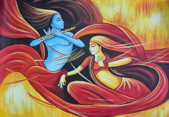 THE DIVINE RADHA KRISHNA  (ART_3319_73441) - Handpainted Art Painting - 36in X 24in