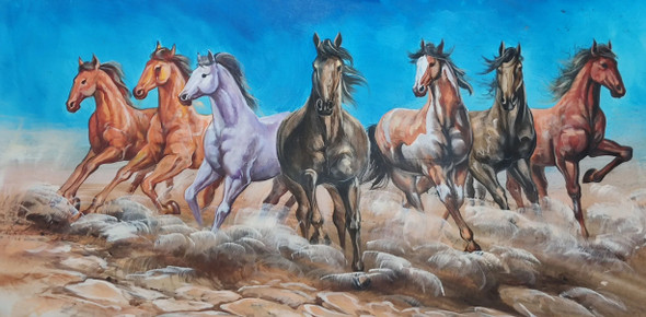 7 RUNNING HORSES PAINTING VASTU (ART_3319_73451) - Handpainted Art Painting - 48in X 24in