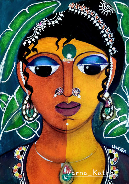 Chitralekha with banana leaf background  (ART_8079_73477) - Handpainted Art Painting - 11in X 16in